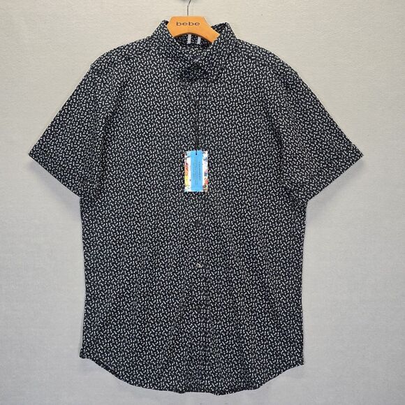 Robert Graham Men M Crossbones Skull Print Short Sleeve Buttoned Shirt Black